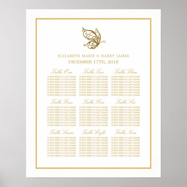 Póster Tabla de asientos de mariposa de Purpurina de oro  (Frente)