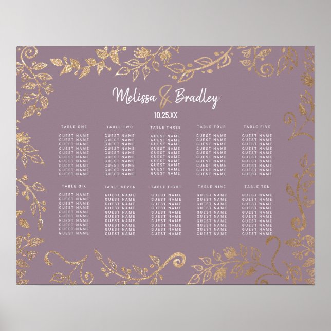Póster Tabla de asientos de Mauve Lilac Purpurina floral  (Frente)