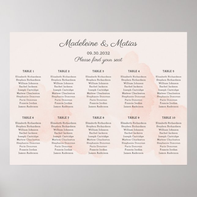 Póster Tabla de asientos de melocotón y boda gris románti (Frente)