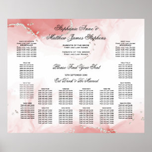 Póster Tabla de asientos de mesa 14 Boda plateado Rosa de