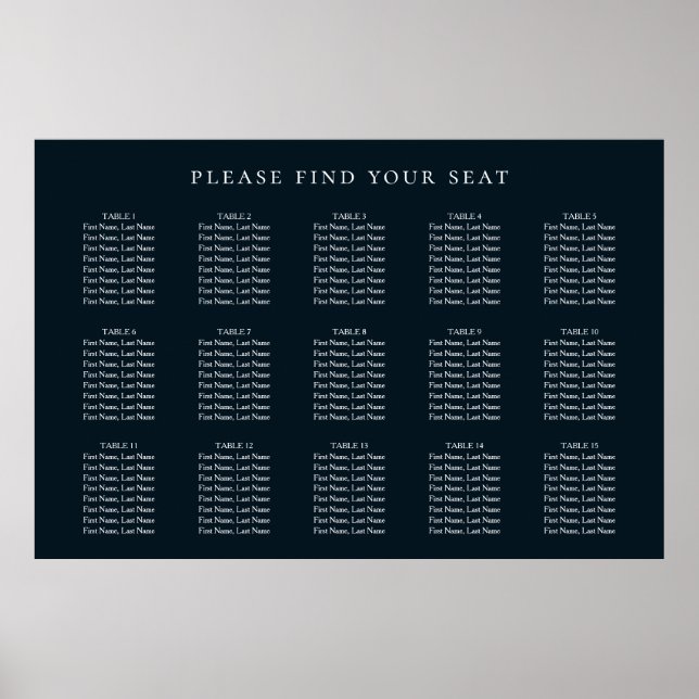 Póster Tabla de asientos de mesa 15 Boda azul marino (Frente)