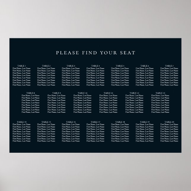 Póster Tabla de asientos de mesa 20 Boda azul marino (Frente)