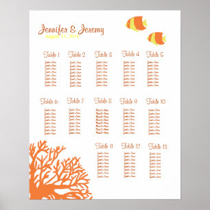 Póster Tabla de asientos de peces tropicales naranja y am