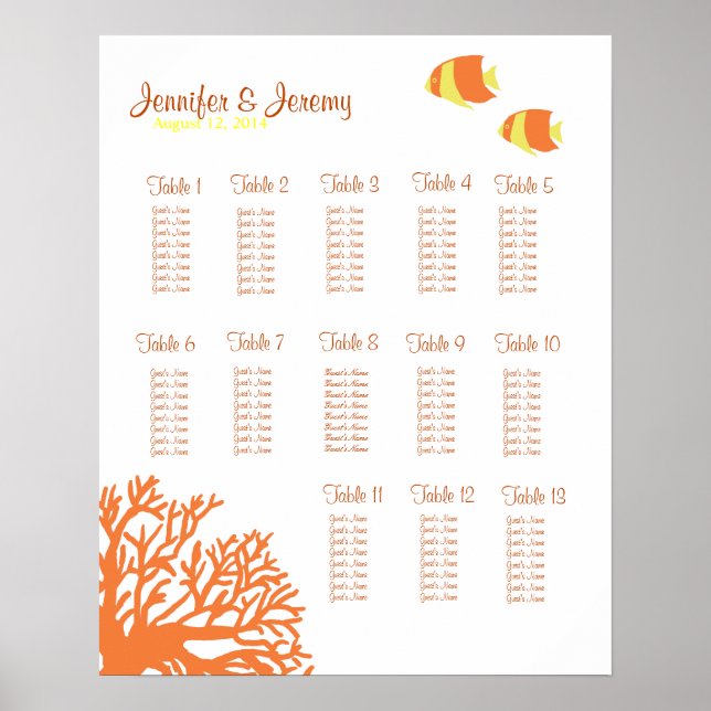 Póster Tabla de asientos de peces tropicales naranja y am (Frente)