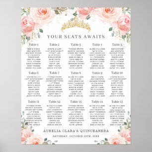 Póster Tabla de asientos de Quinceañera de oro floral ros