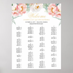 Póster Tabla de asientos de Quinceañera floral rosa y dor