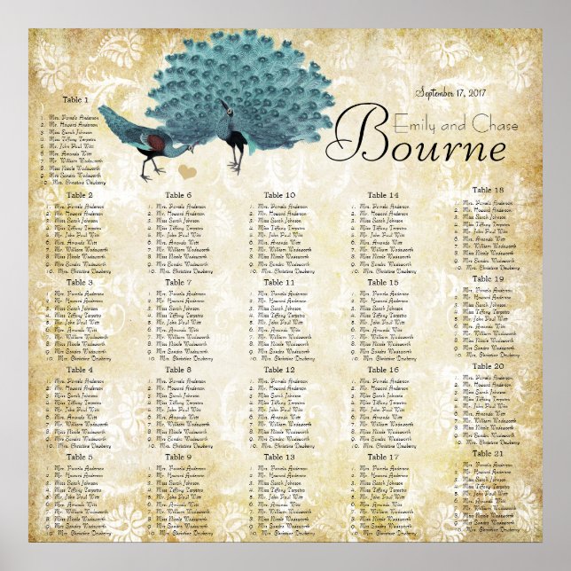 Póster Tabla de asientos de recepción de colores paisley  (Frente)