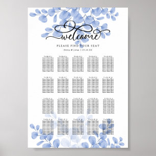 Póster Tabla de asientos del Boda azul turbio de oro Euca