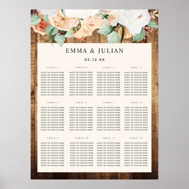 Póster Tabla de asientos del Boda Boho Woodgrain (Frente)