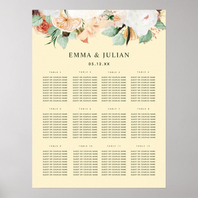 Póster Tabla de asientos del Boda Boho Yellow Bloom (Frente)