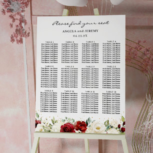 Póster Tabla de asientos del Boda de floral blanco rojo d