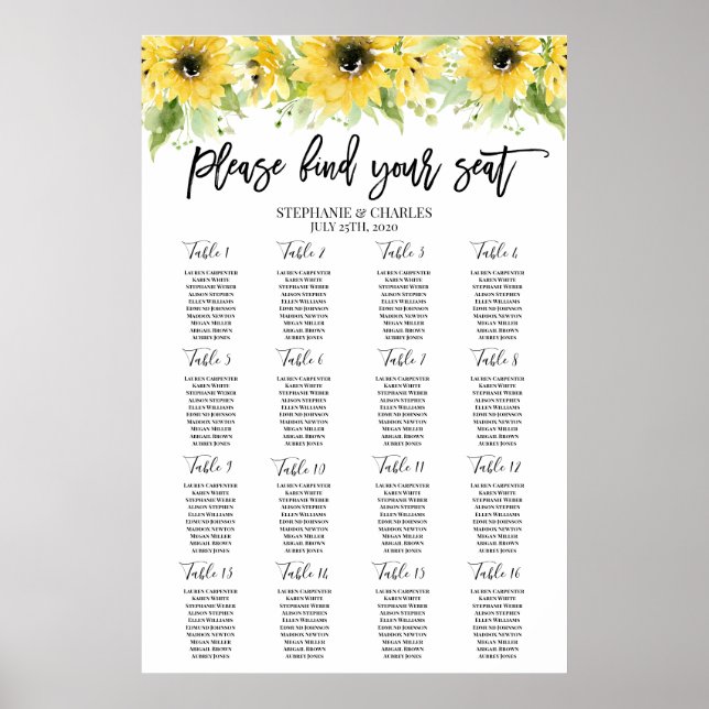 Póster Tabla de asientos del Boda de girasol (Frente)