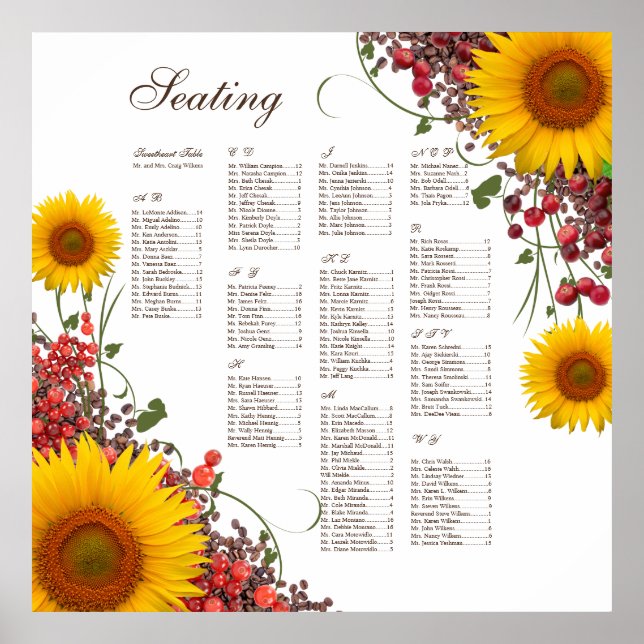 Póster Tabla de asientos del Boda de girasol (Frente)