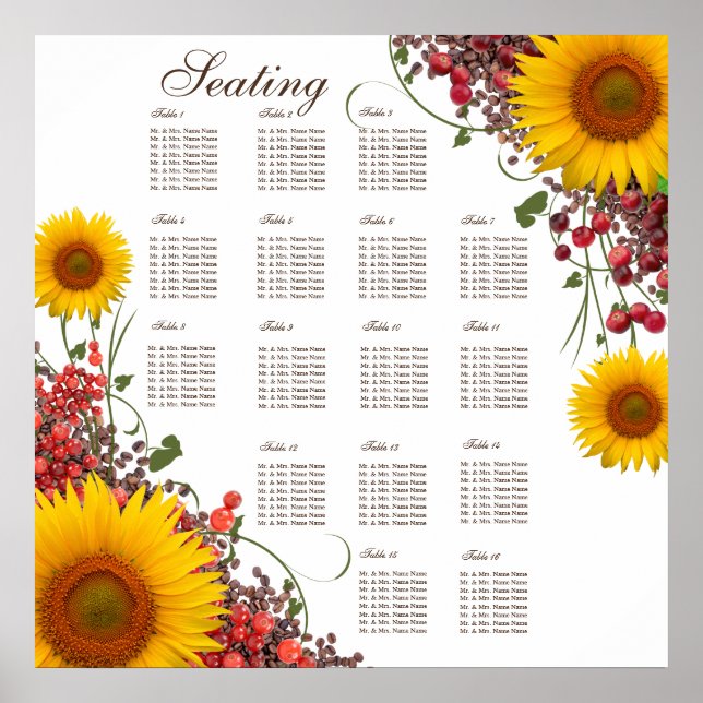 Póster Tabla de asientos del Boda de girasol | 35 X 35 pu (Frente)
