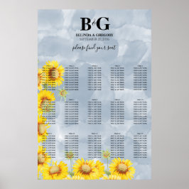 Póster Tabla de asientos del Boda de girasoles azul turbi