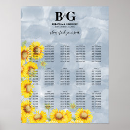 Póster Tabla de asientos del Boda de girasoles azul turbi
