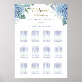 Póster tabla de asientos del boda de hidrangea azul