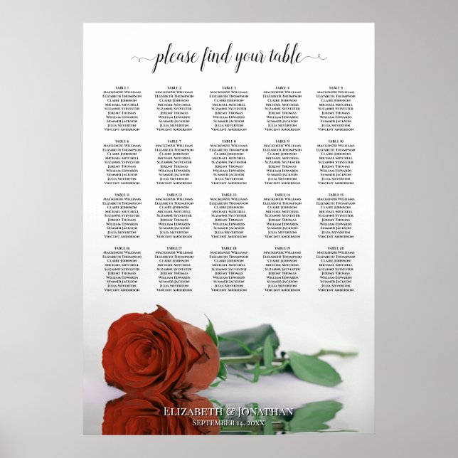 Póster Tabla de asientos del Boda de mesa 20 Rosa del Nar (Frente)