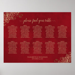 Póster Tabla de asientos del Boda de mesa de 10 rojas