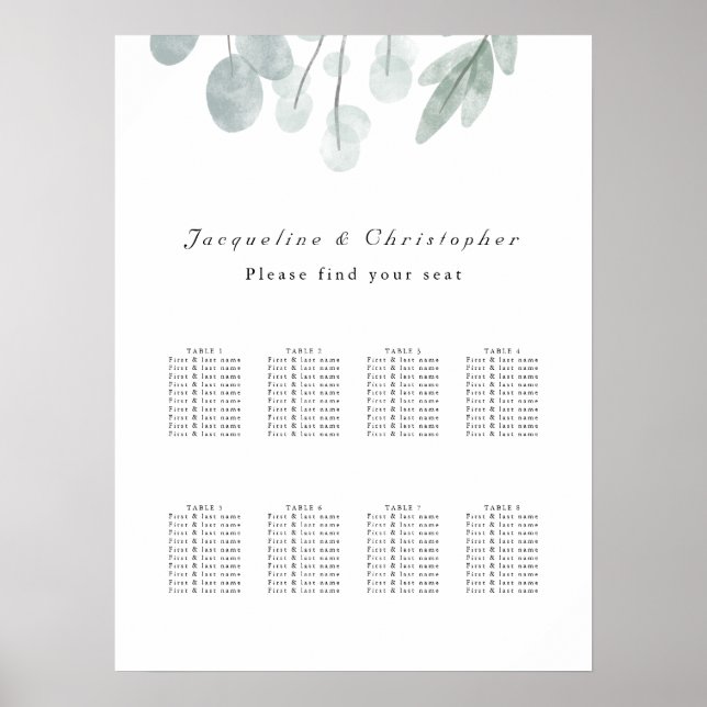 Póster Tabla de asientos del Boda de mesa Eucalyptus Flor (Frente)