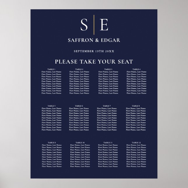 Póster Tabla De Asientos Del Boda De Monograma Azul Y Oro (Frente)