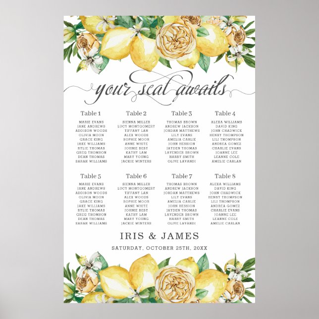 Póster Tabla de asientos del Boda de vegetación floral de (Frente)