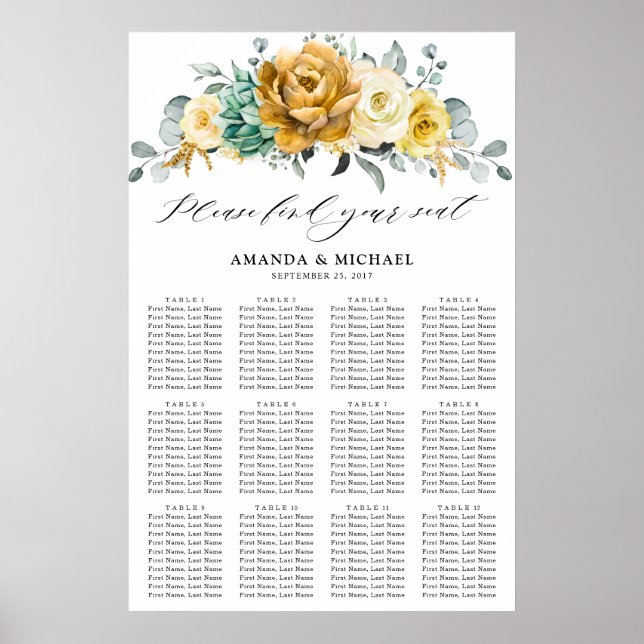 Póster Tabla de asientos del Boda del sabio floral amaril (Frente)