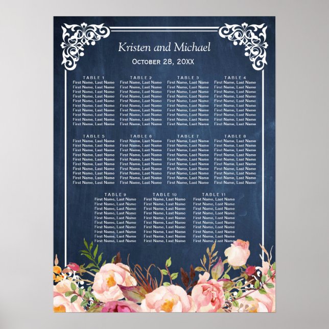 Póster Tabla de asientos del Boda del tablero de papel az (Frente)