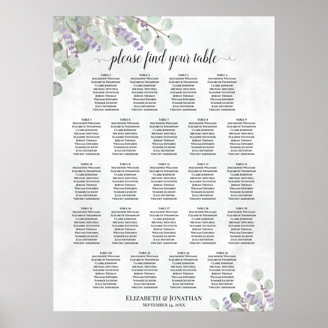Póster Tabla de asientos del Boda Eucalyptus Lavender (Frente)