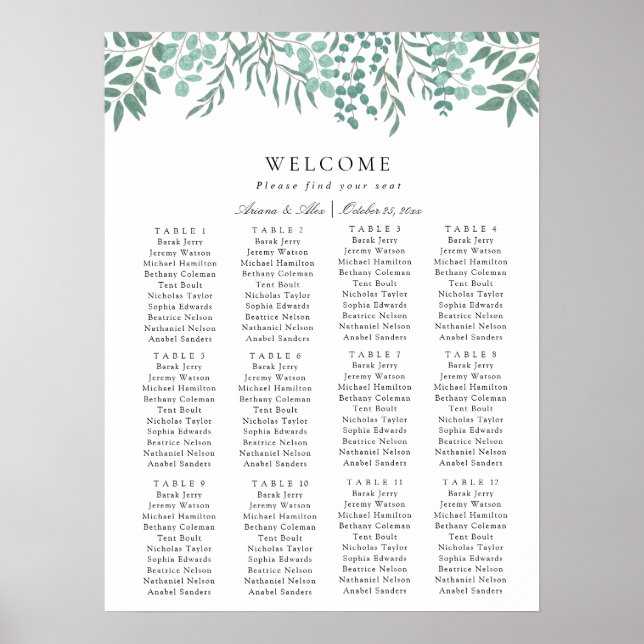 Póster Tabla de asientos del Boda Eucalyptus Rustic Green (Frente)