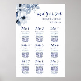 Póster Tabla de asientos del Boda floral azul turbio