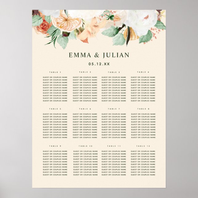 Póster Tabla de asientos del Boda floral Boho Peach (Frente)
