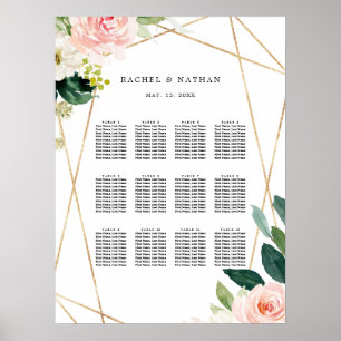 Póster Tabla de asientos del Boda floral de oro blanco de
