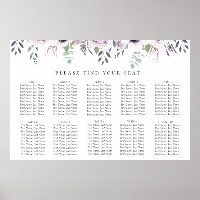 Póster Tabla de asientos del Boda floral Dusty Garden (Frente)