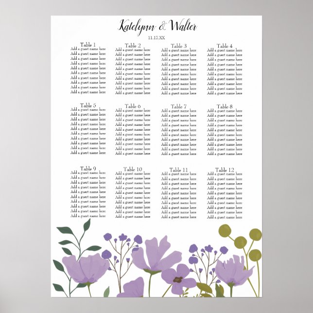 Póster Tabla de asientos del Boda floral Dusty Purple Spr (Frente)