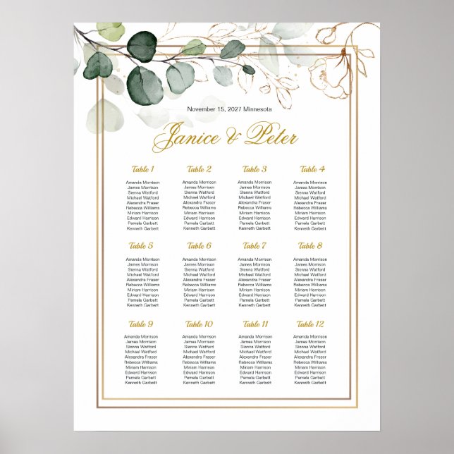 Póster Tabla de asientos del Boda floral Eucalyptus Gold (Frente)