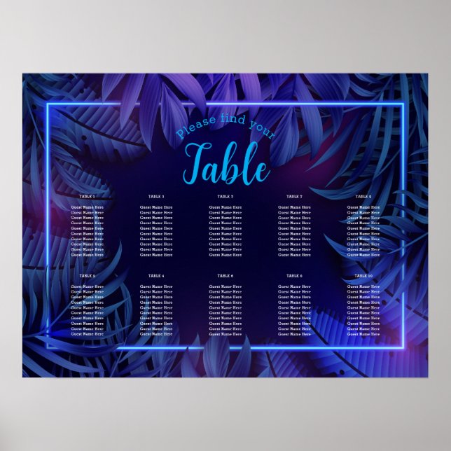 Póster Tabla de asientos descargables de cumpleaños neon  (Frente)