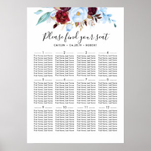 Póster Tabla de asientos en Boda azul y borgoñoso