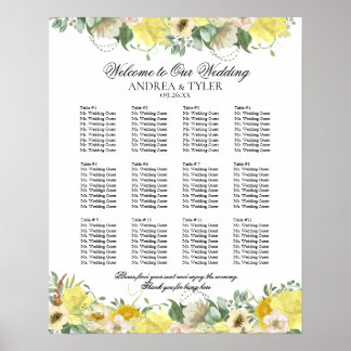 Póster Tabla de asientos florales de rosas amarillas