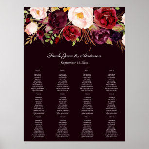 Póster Tabla de asientos florales de Rubor de Borgoña osc