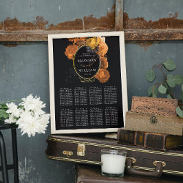 Póster Tabla de asientos florales en negro y oro boda