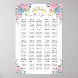 Póster Tabla de asientos florales rosas azul para niños Q