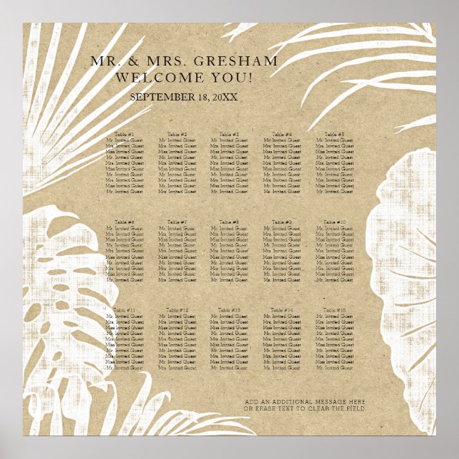 Póster Tabla de asientos Hoja tropical moderna de Kraft s (Frente)