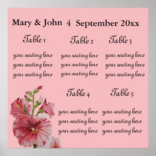 Póster Tabla de asientos "Hollyhock" del Boda floral. Pós (Frente)