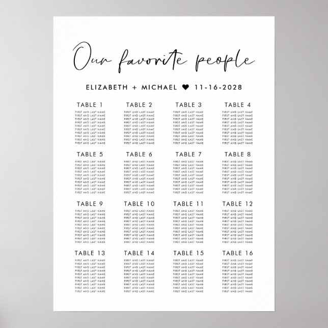 Póster Tabla de asientos moderna de 16 Bodas de mesa (Frente)