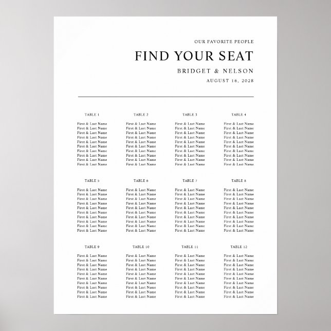 Póster Tabla de asientos modernos de la recepción de boda (Frente)