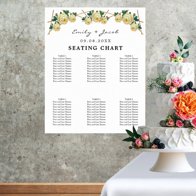 Póster Tabla de asientos Oro Geométrico Amarillo Floral W (Gold Geometric Yellow Floral Wed 60 Seating Chart)
