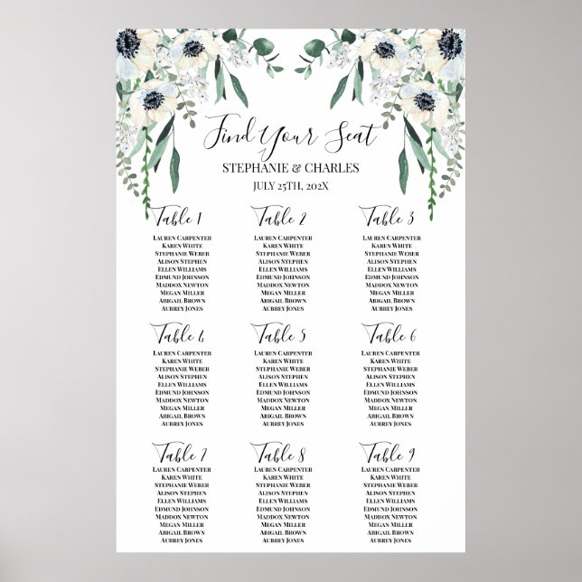 Póster Tabla de asientos para Bodas anémónicos (Frente)