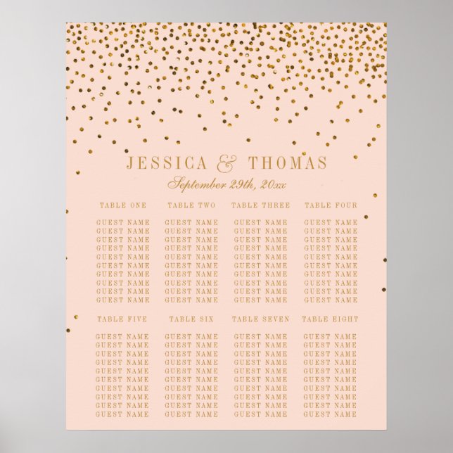 Póster Tabla de asientos para Bodas de confetti rosado y  (Frente)