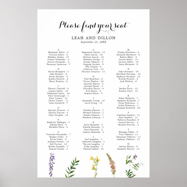 Póster Tabla de asientos para Bodas de flores silvestres  (Frente)